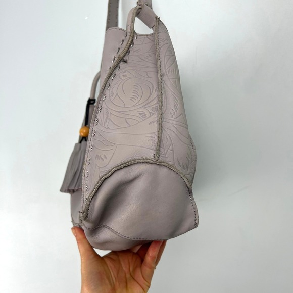 The Sak Floral Embossed Leather Hobo Shoulder Bag Grey Whipstitch Tassel Boho - Picture 4 of 13